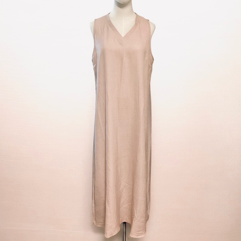 Womens Sleeveless Soft Pink V-Neck Maxi Shift Dress Minimalist Lagenlook XL